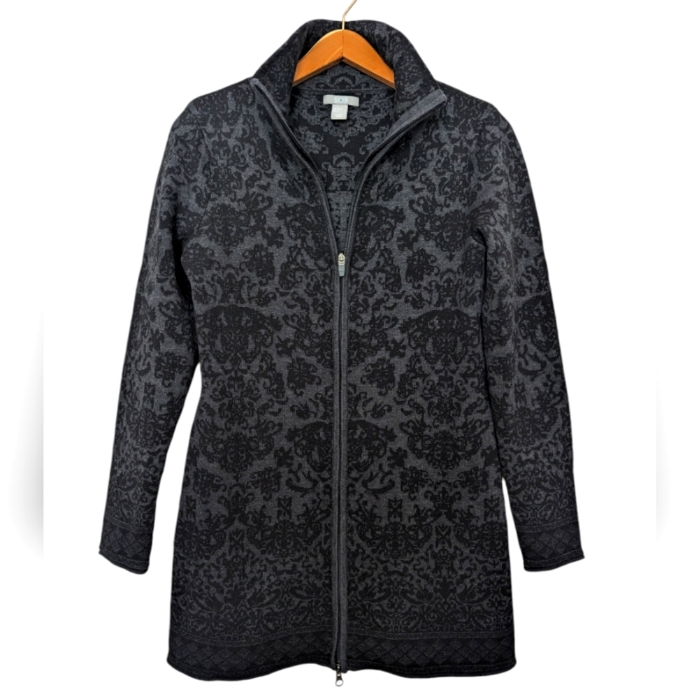 SKYR Icelandic Long Zip Front Cardigan Sweater Coatigan Medium Black/Gray